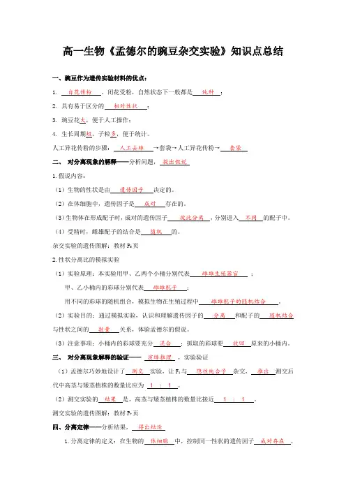 高一生物《孟德尔的豌豆杂交实验》知识点总结