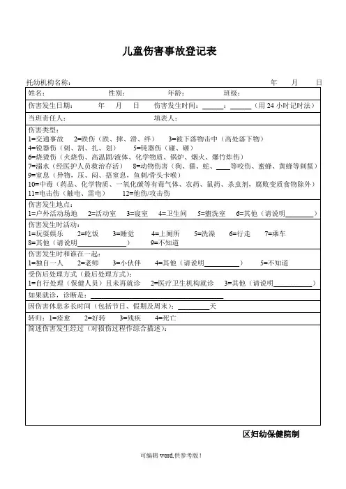 幼儿园(新版)儿童伤害事故登记表