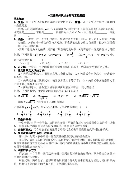 一次函数知识点总结与常见题型