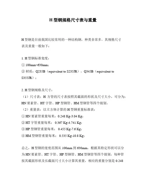 H型钢规格尺寸表与重量