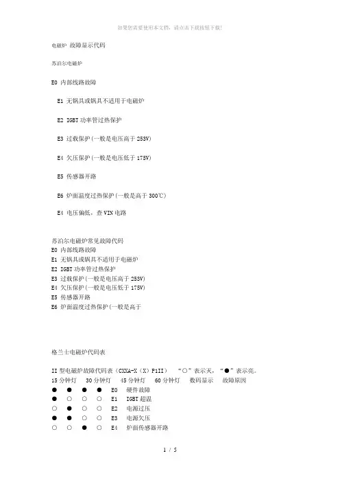 电磁炉-故障显示代码