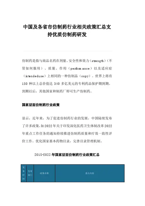 中国及各省市仿制药行业相关政策汇总支持优质仿制药研发