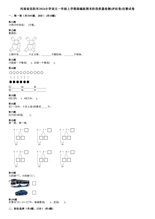 河南省信阳市2024小学数学一年级上学期部编版期末阶段质量检测(评估卷)完整试卷