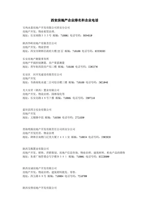西安房地产企业排名和企业电话