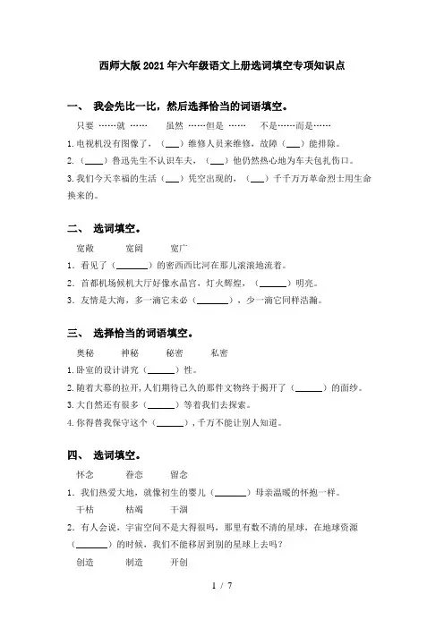 西师大版2021年六年级语文上册选词填空专项知识点
