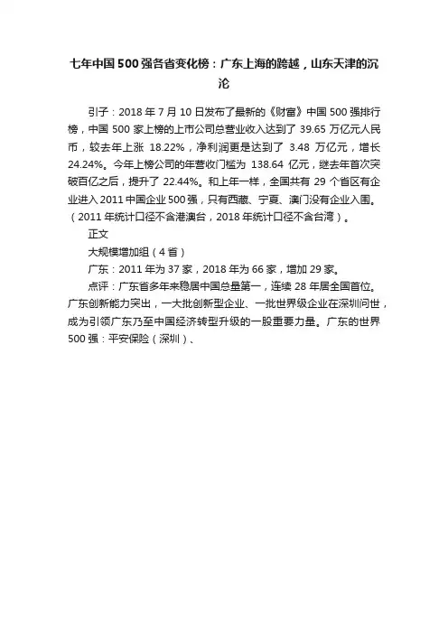 七年中国500强各省变化榜：广东上海的跨越，山东天津的沉沦