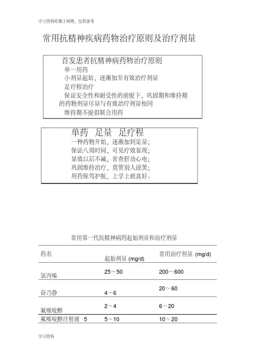 常用抗精神病药物治疗原则和治疗剂量