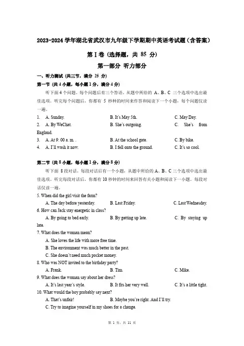 2023-2024学年湖北省武汉市九年级下学期期中英语考试题(含答案)