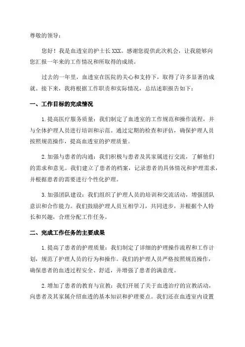 血透室护士长2024年述职报告