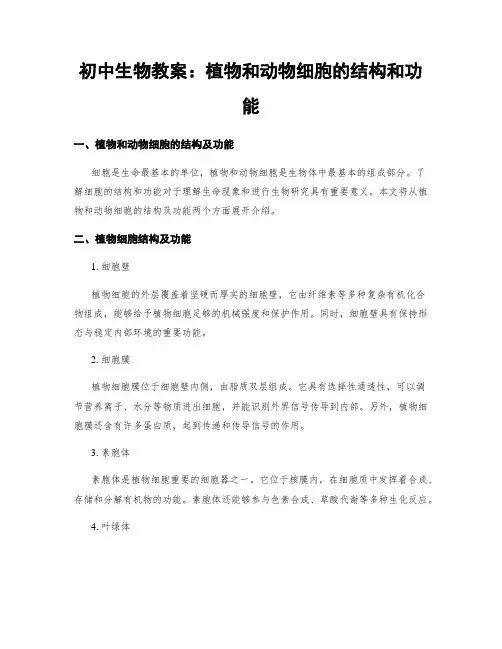 初中生物教案：植物和动物细胞的结构和功能