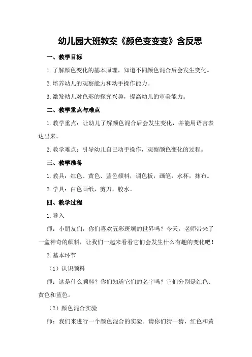 幼儿园大班教案《颜色变变变》含反思