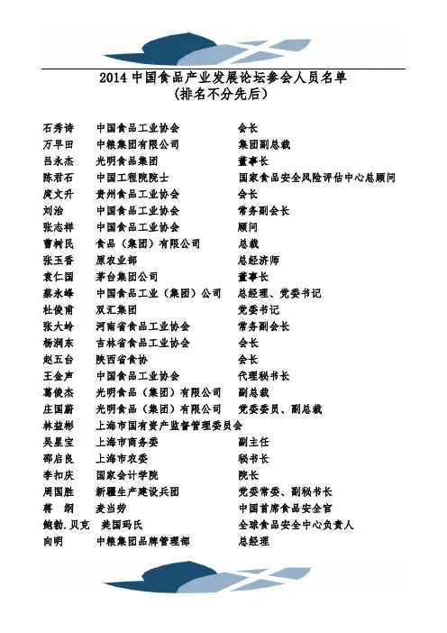 2014中国食品产业发展论坛参会人员名单 (排名不分先后)