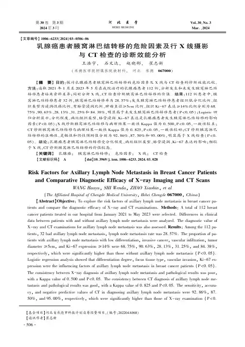 乳腺癌患者腋窝淋巴结转移的危险因素及行X_线摄影与CT_检查的诊断效能分析