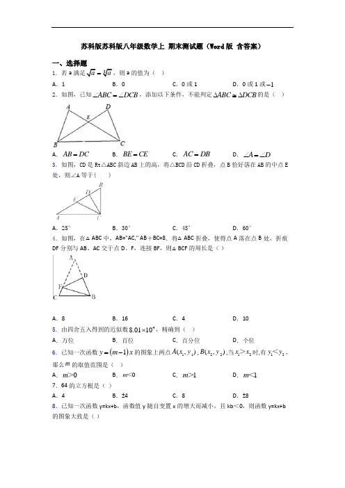 苏科版苏科版八年级数学上 期末测试题(Word版 含答案)