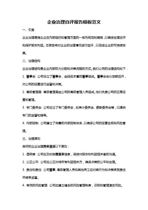 企业治理自评报告模板范文