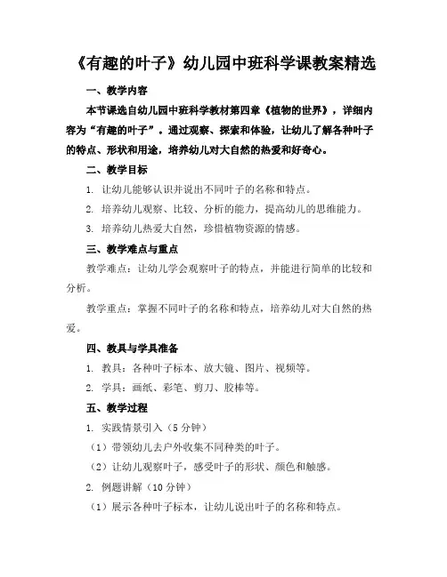 《有趣的叶子》幼儿园中班科学课教案精选