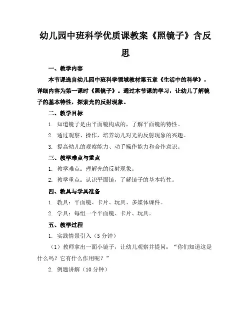 幼儿园中班科学优质课教案《照镜子》含反思
