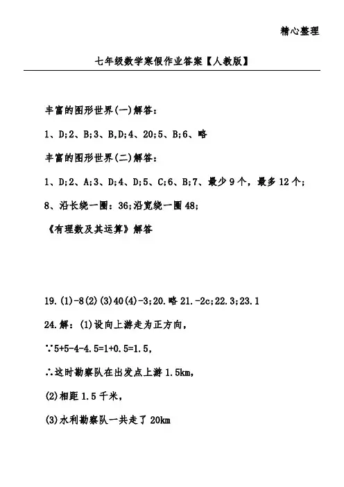 七年级数学寒假作业答案【人教版】