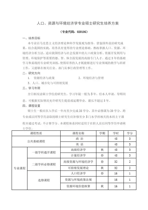 人口、资源与环境经济学专业硕士研究生培养方案