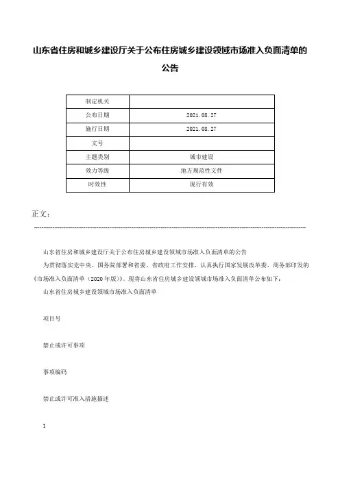 山东省住房和城乡建设厅关于公布住房城乡建设领域市场准入负面清单的公告-