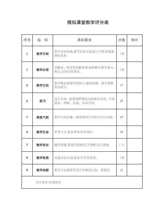 模拟课堂教学评分表