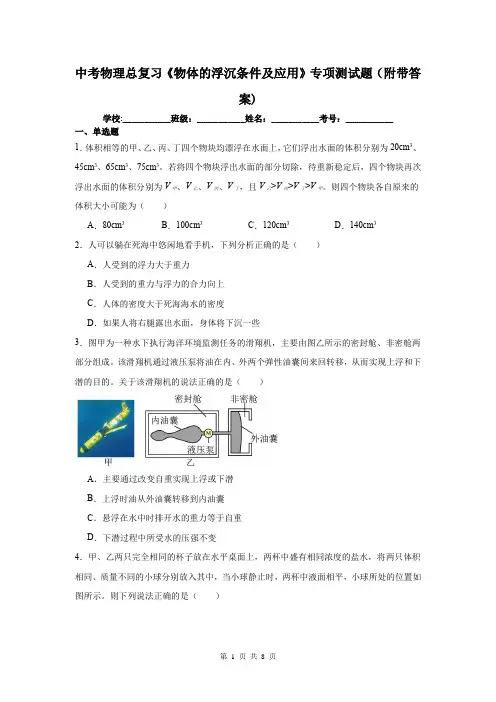 中考物理总复习《物体的浮沉条件及应用》专项测试题(附带答案)