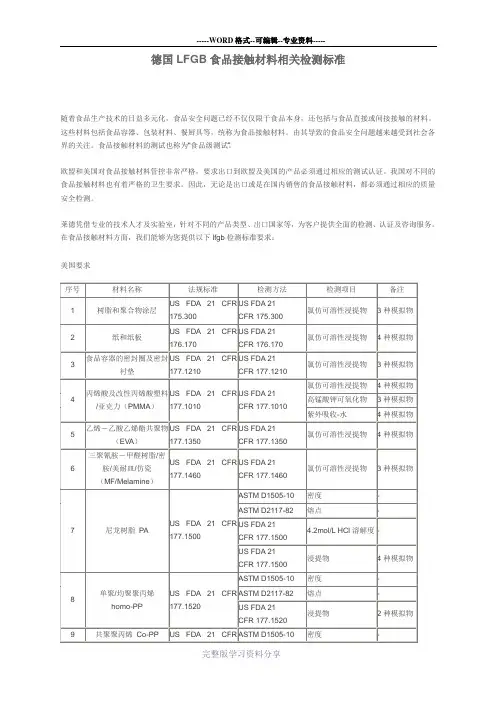 德国LFGB食品接触材料相关检测标准