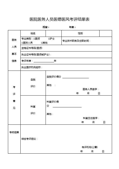 医院医务人员医德医风考评结果表