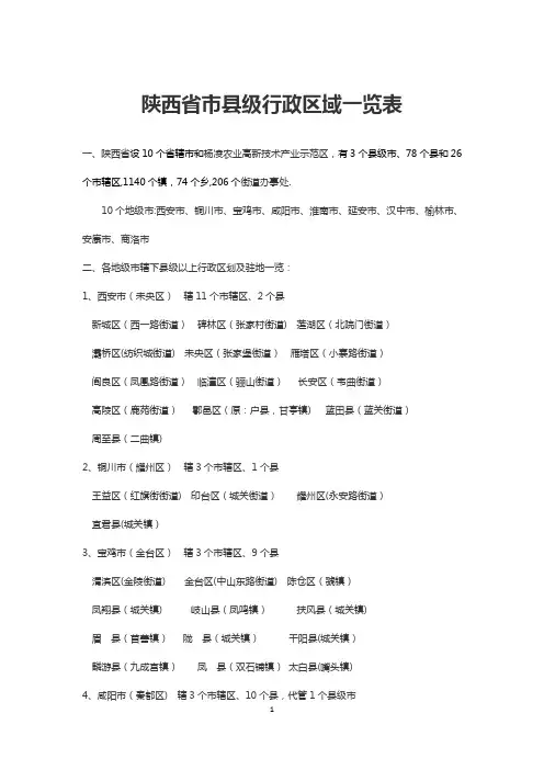 陕西省市县级行政区域一览表