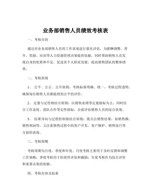 业务部销售人员绩效考核表