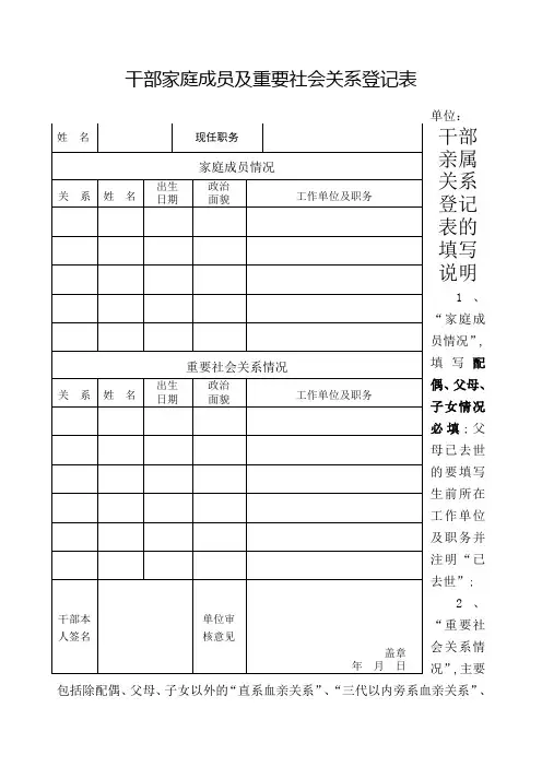 干部家庭成员及重要社会关系登记表