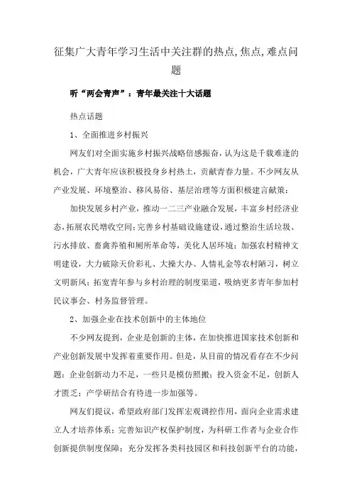 征集广大青年学习生活中关注群的热点,焦点,难点问题