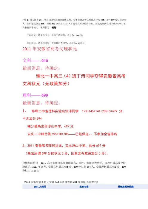 近几年安徽高考分数线
