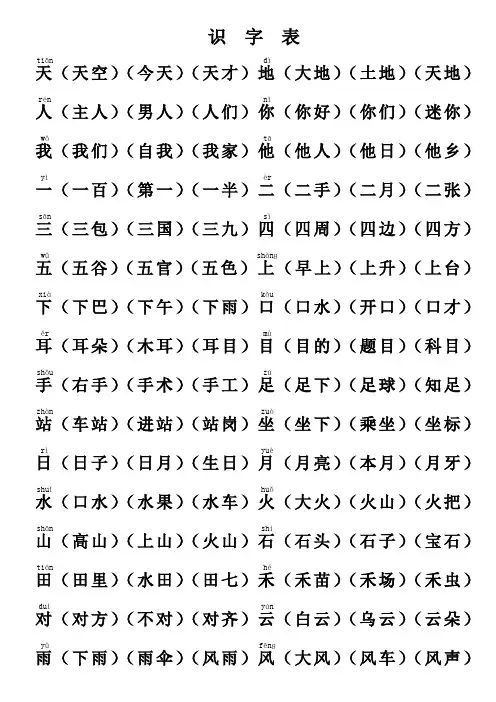 2017~2018学年度部编版一年级上册语文组词