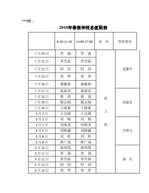 2010年暑假学校总值班表【模板】