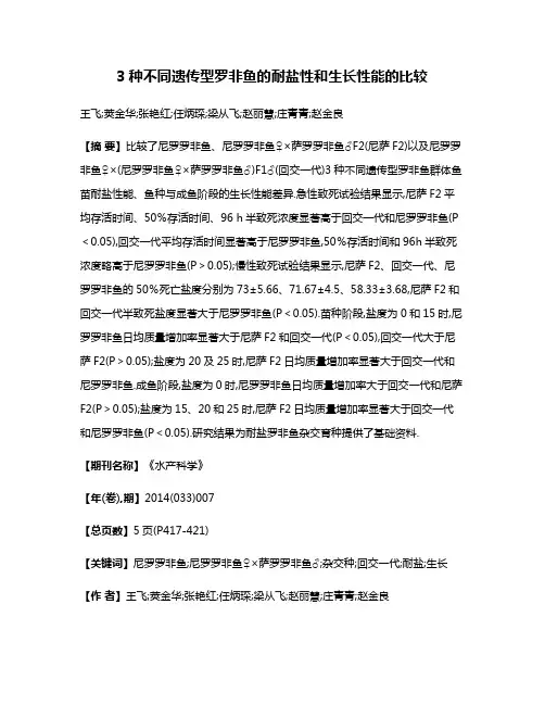 3种不同遗传型罗非鱼的耐盐性和生长性能的比较