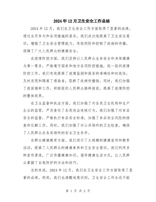 2024年12月卫生安全工作总结