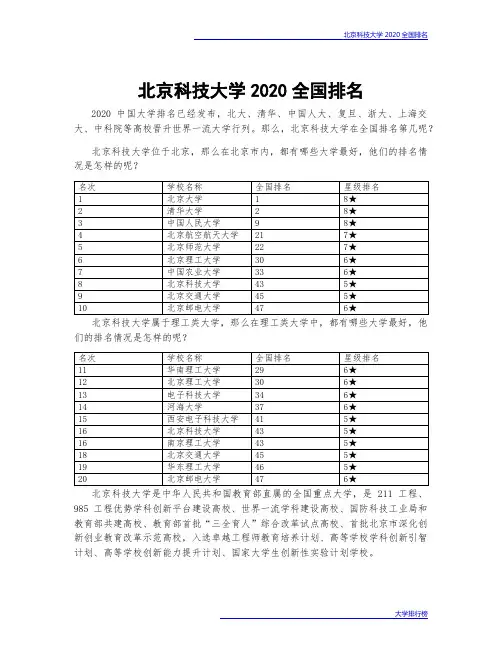 北京科技大学2020全国排名