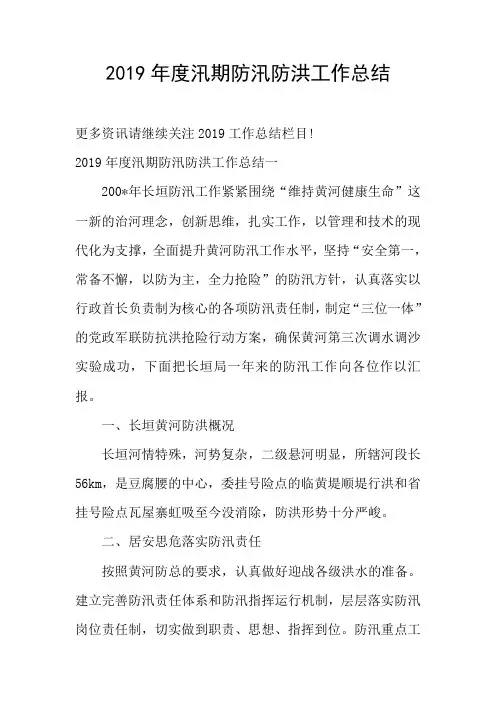 2019年度汛期防汛防洪工作总结
