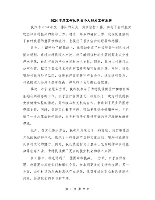 2024年度工作队队员个人驻村工作总结