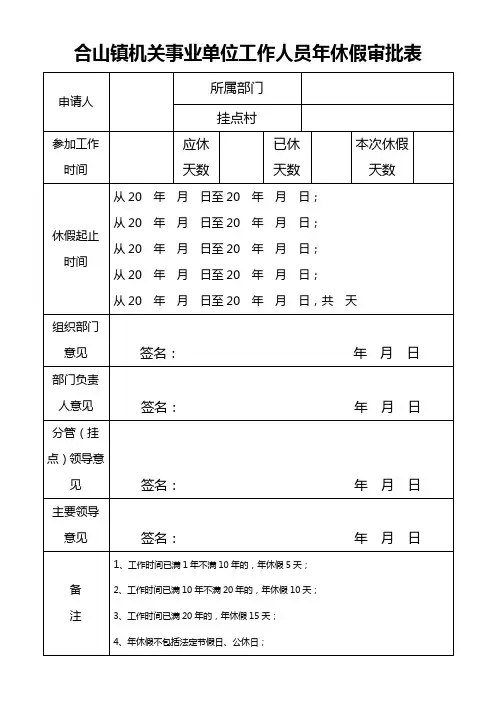 机关事业单位工作人员年休假审批表