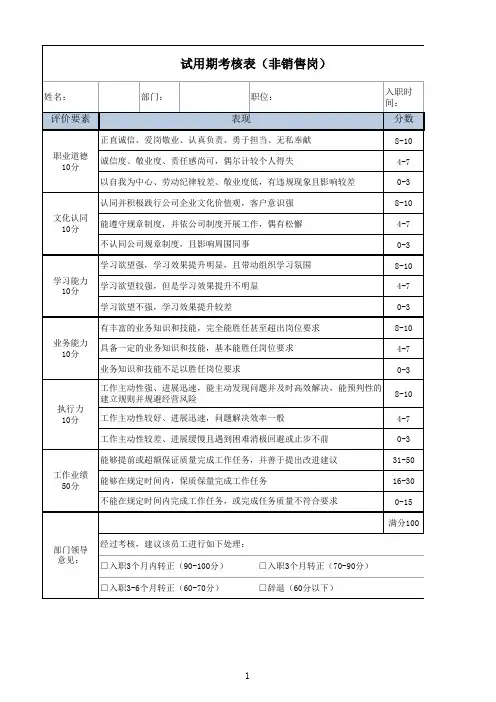 试用期考核表(非销售岗)