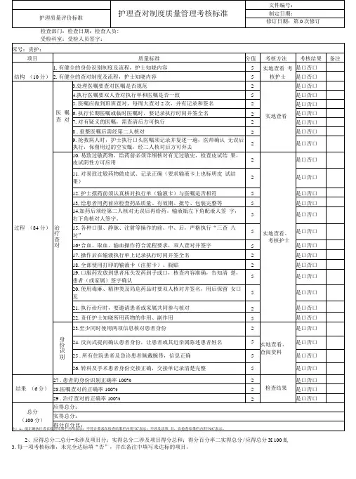 护理查对制度质量控制管理考核标准