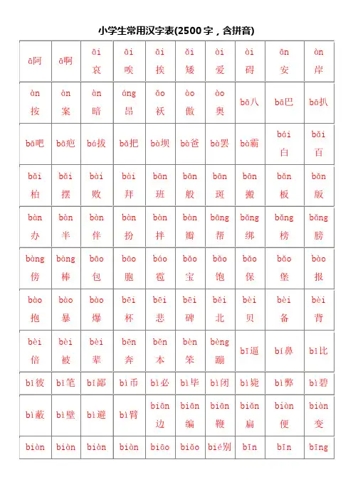 最好的小学生常用汉字表(2500字,含拼音)