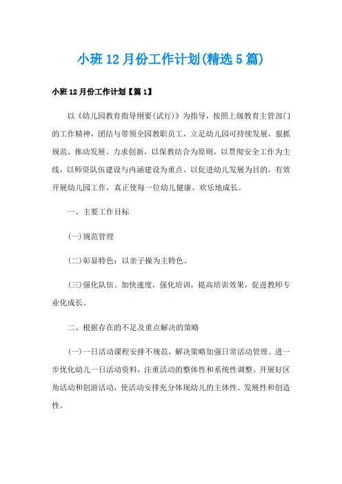 小班12月份工作计划(精选5篇)