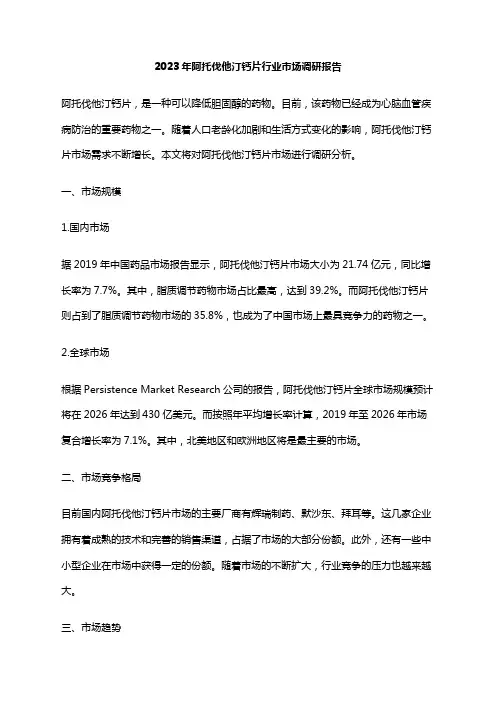 2023年阿托伐他汀钙片行业市场调研报告