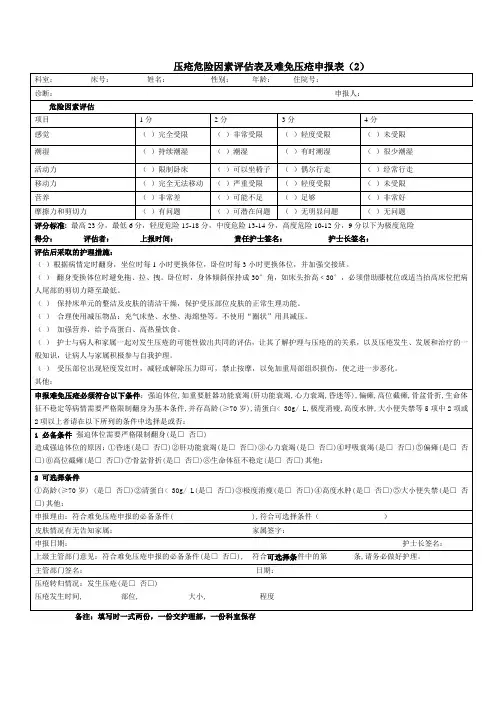 医院压疮危险因素评估及难免压疮申报表