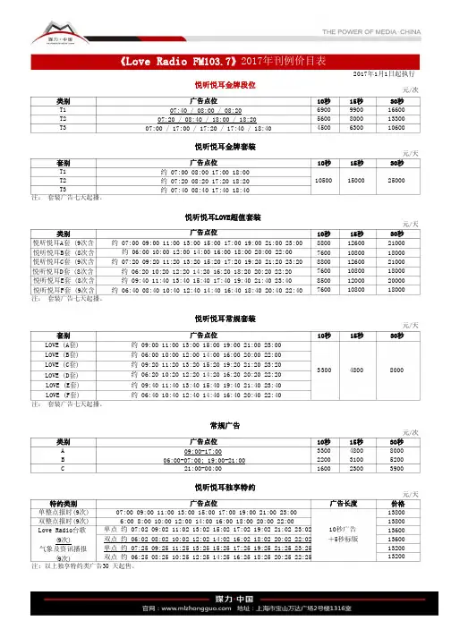 2017年上海音乐广播电台广播刊例(2017年1月1日开始执行)