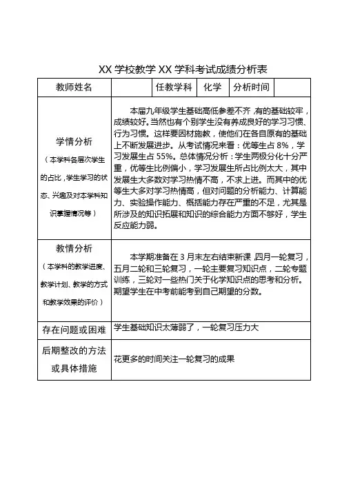 化学学科成绩分析表