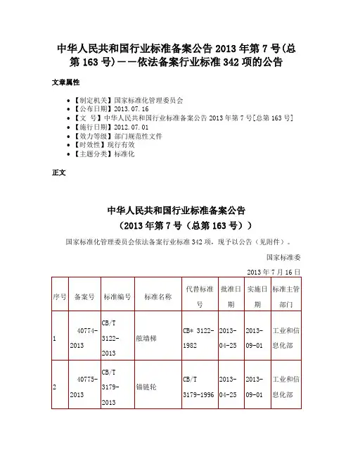 中华人民共和国行业标准备案公告2013年第7号(总第163号)－－依法备案行业标准342项的公告